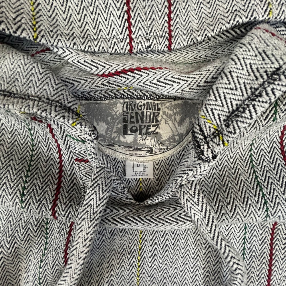 Original Senor Lopez Baja Hoodie Grey White Striped Woven Pullover Mens Medium - Picture 3 of 5